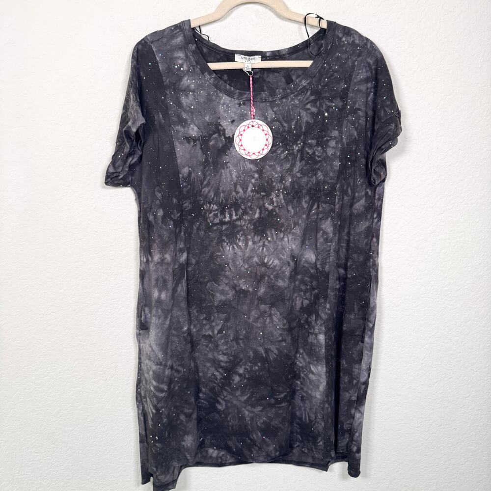 Umgee Womens Sparkle Tee Shirt Mini Dress Size L 100% Cotton Boho Tie Dye Gray